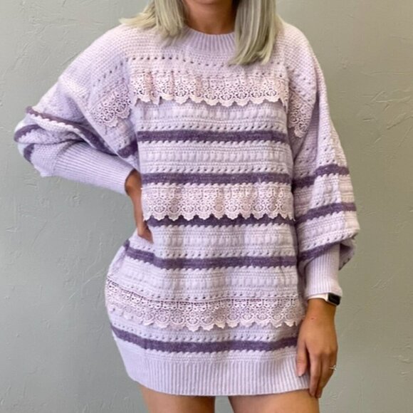 Purple Fringe Chunky Knit Lace Sweater Striped Ribbed Oversized - Picture 5 of 14